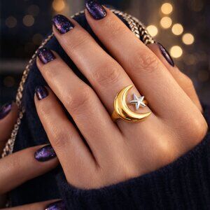 Mixed Metal Celestial Moon Star Open Adjustable Ring 316L Stainless Steel Gold